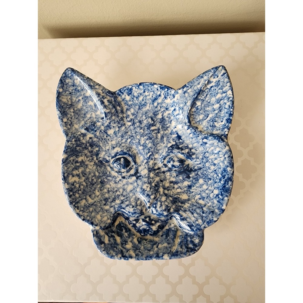 Vintage Cat Face Dish Blue Spongeware Speckle Trinket Decorative Plate Ceramic